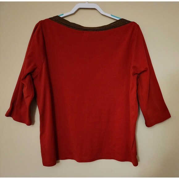 Lauren Ralph Lauren Womens Cotton 3/4 Sleeve Boat Neck Jersey Top Red Brown 2X - Picture 3 of 10
